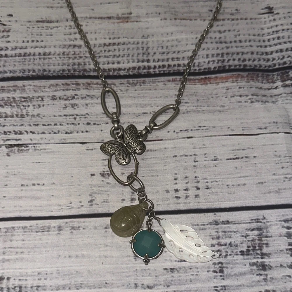 Lucky Brand-Buddha-Silver Butterfly Pendant-MOP Leaf Charm‎ Tassel 20